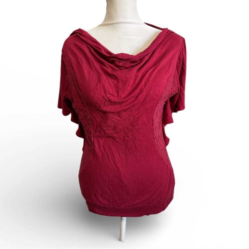 Studio Y Deep Red Women's Blouse size L stretch lace front shoulder
